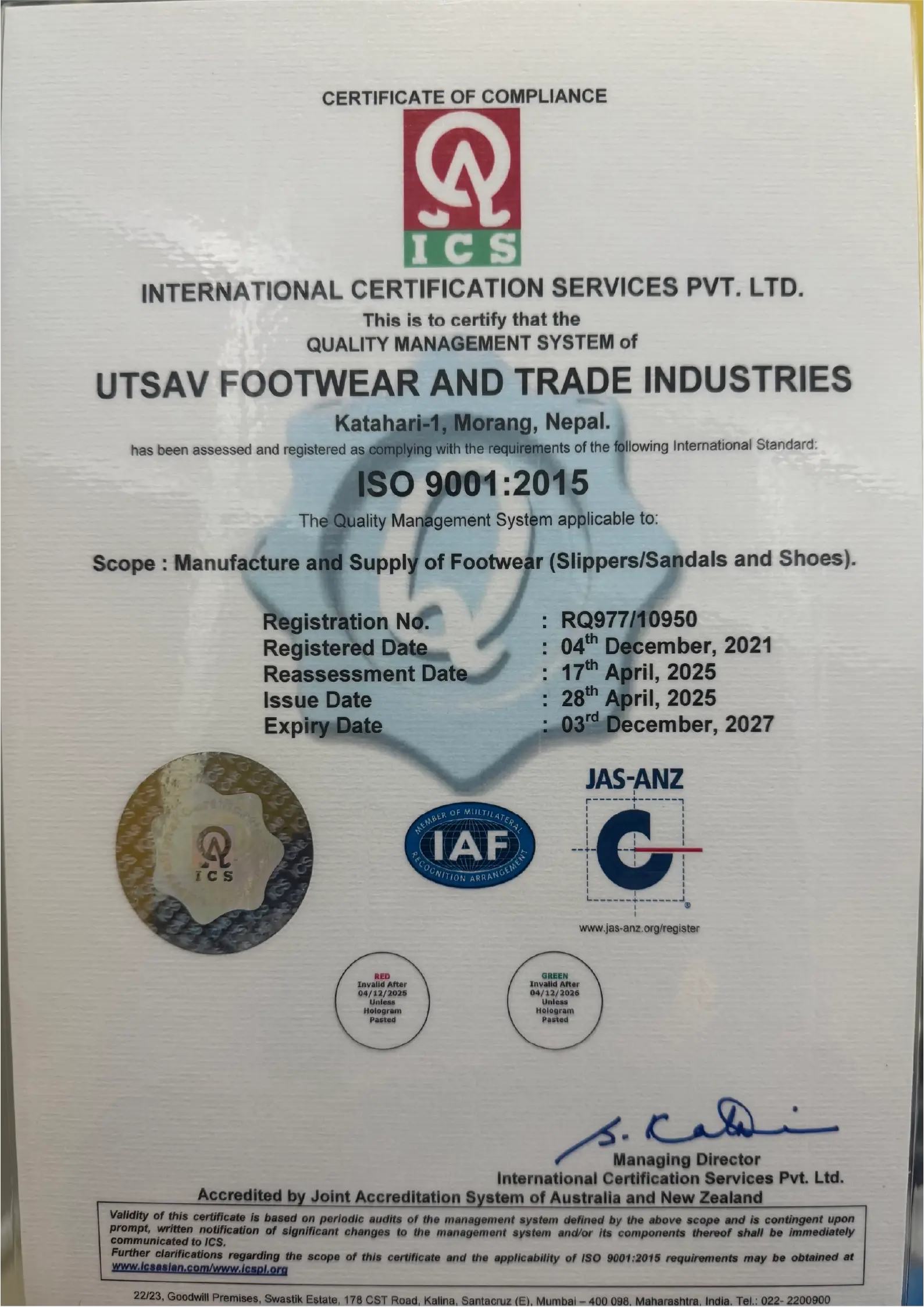 Utsav Footwear ISO 9001:2015 Certificate
